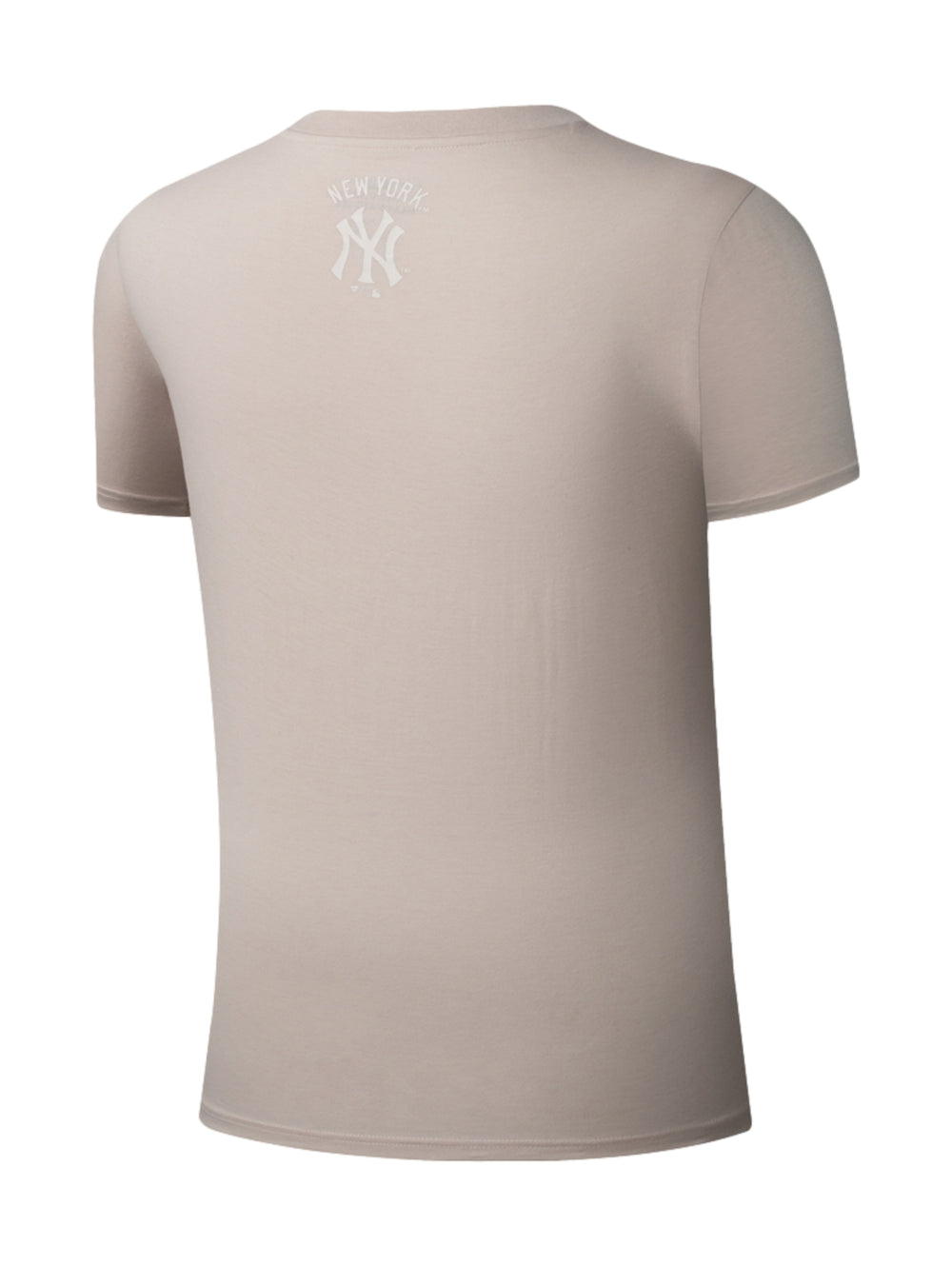 Camiseta beige de manga corta con estampado de New York Yankees en el pecho.
