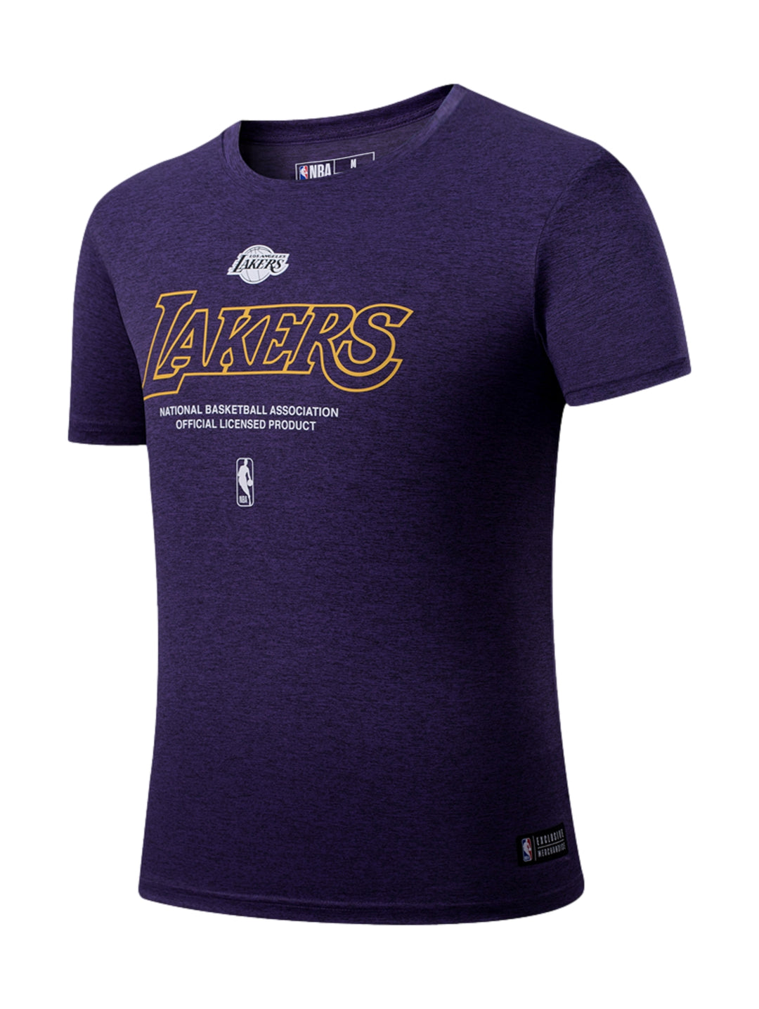 Playera púrpura de manga corta con logotipo de los Lakers y la NBA en el pecho.