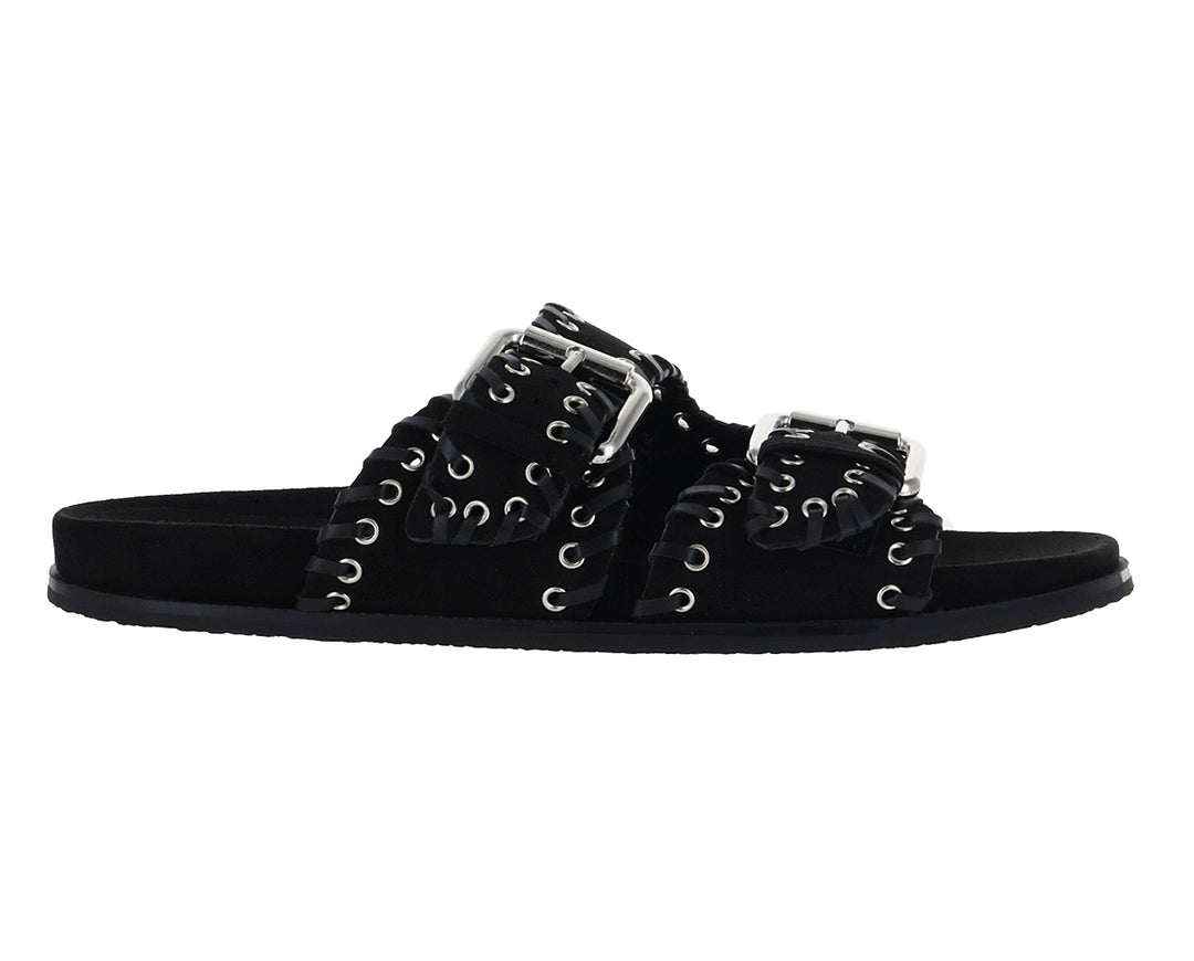 Sandalias negras para mujer con correas ajustables, hebillas plateadas y detalles de ojetes.