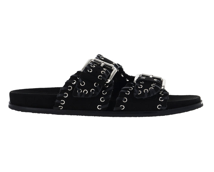 Sandalias negras para mujer con correas ajustables, hebillas plateadas y detalles de ojetes.