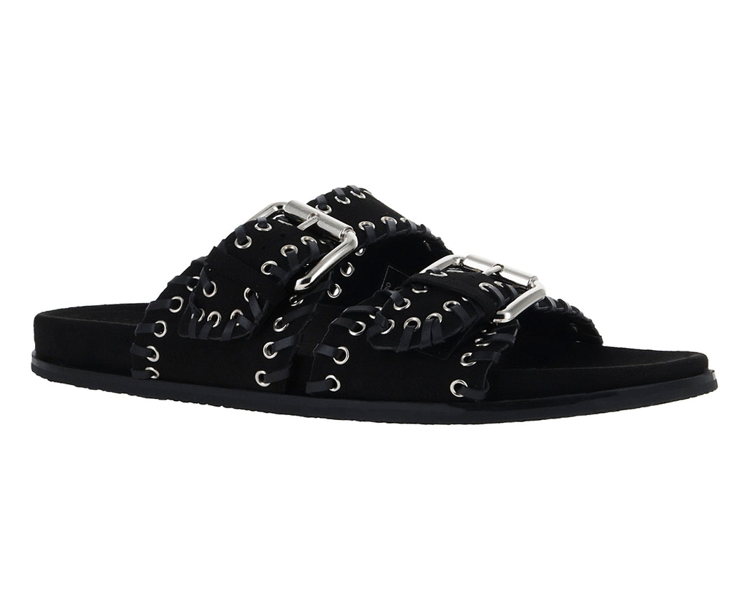 Sandalias negras para mujer con correas ajustables, hebillas plateadas y detalles de ojetes.