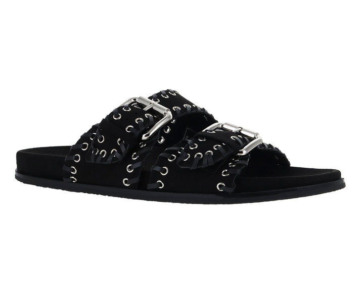 Sandalias negras para mujer con correas ajustables, hebillas plateadas y detalles de ojetes.
