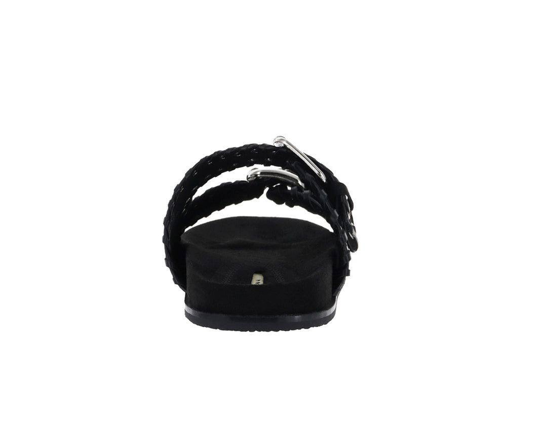 Sandalias negras para mujer con correas ajustables, hebillas plateadas y detalles de ojetes.