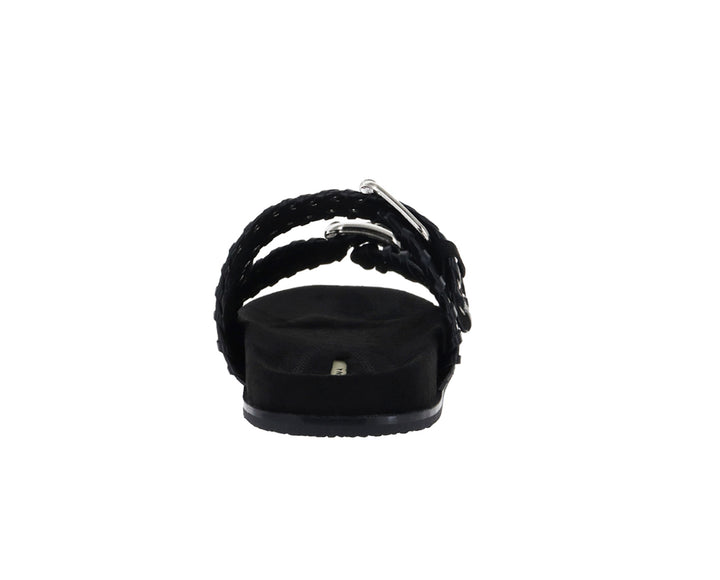 Sandalias negras para mujer con correas ajustables, hebillas plateadas y detalles de ojetes.