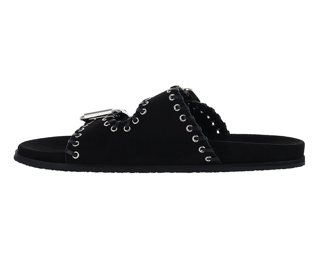 Sandalias negras para mujer con correas ajustables, hebillas plateadas y detalles de ojetes.