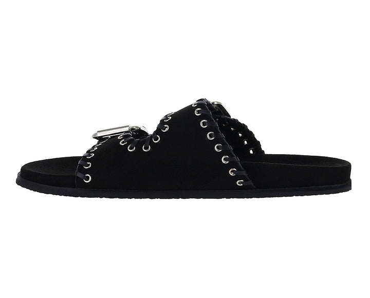 Sandalias negras para mujer con correas ajustables, hebillas plateadas y detalles de ojetes.
