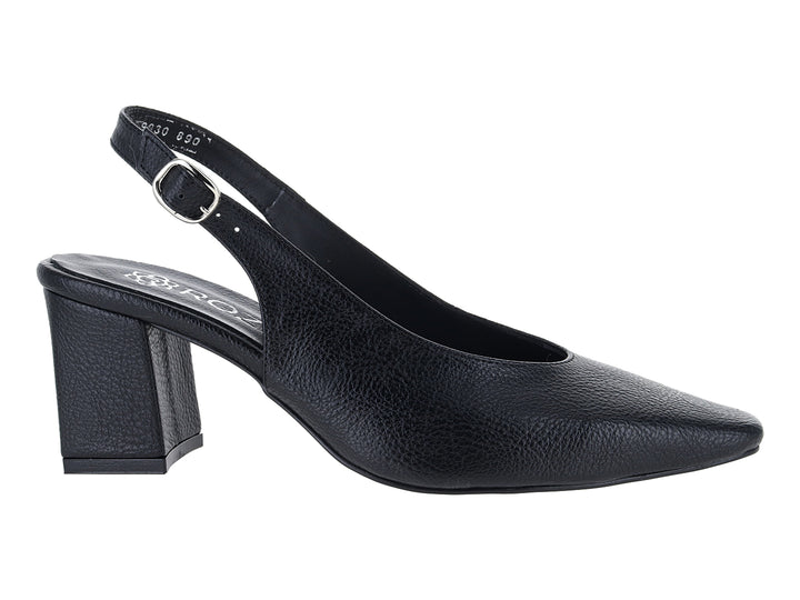 Zapato negro de tacón cuadrado y punta fina con correa ajustable al tobillo para mujer.