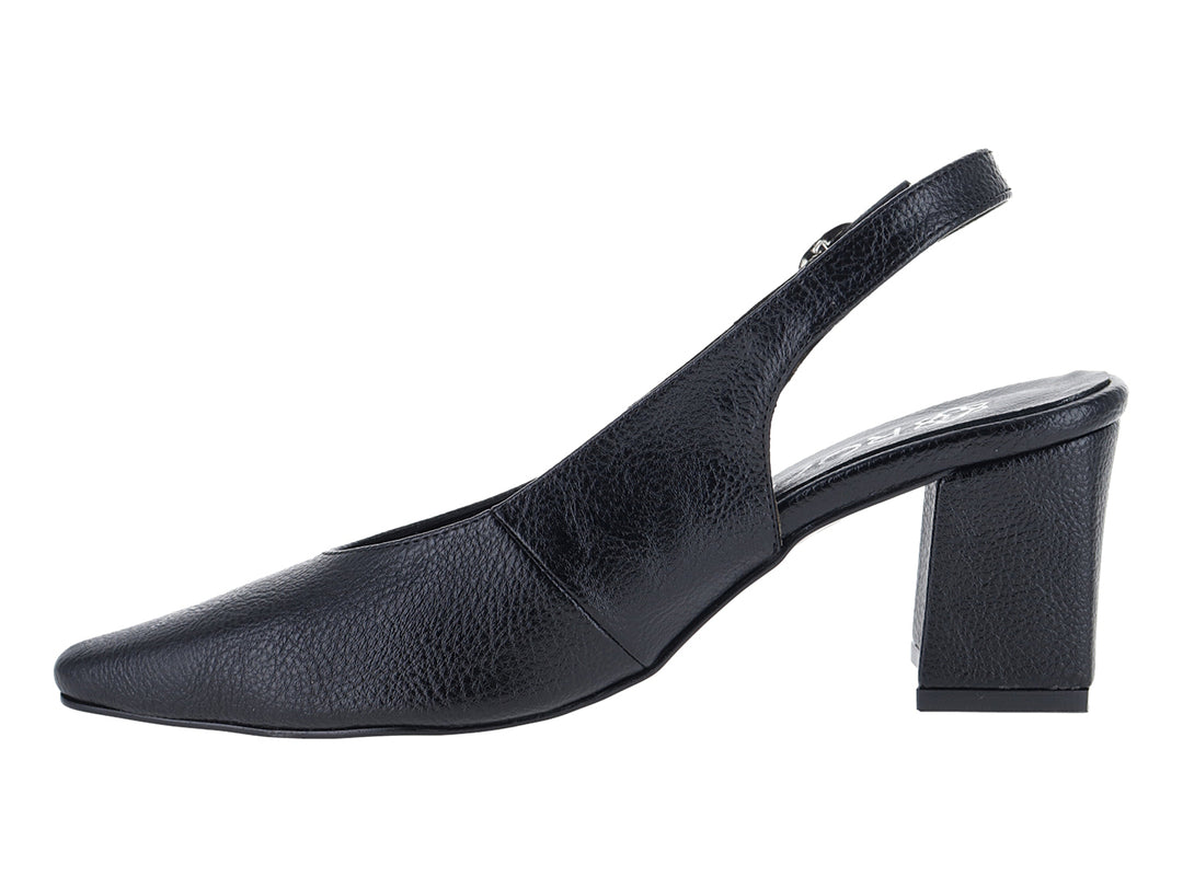 Zapato negro de tacón cuadrado y punta fina con correa ajustable al tobillo para mujer.