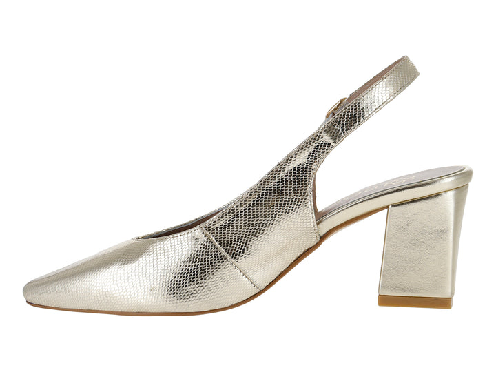 Zapato elegante de mujer en color oro con tacón grueso y correa ajustable al tobillo.