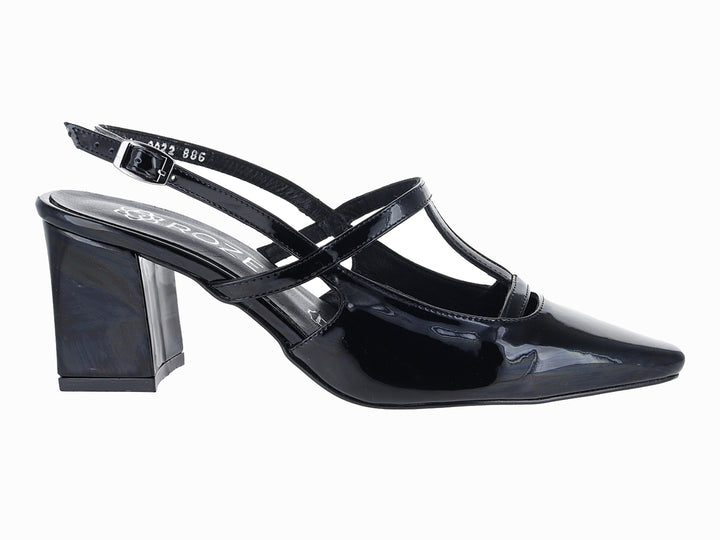 Zapato negro de charol con tacón cuadrado y correas cruzadas, punta fina.