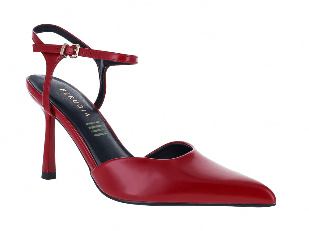 Zapato de tacón alto en color rojo charol brillante con correa ajustable al tobillo para mujer.