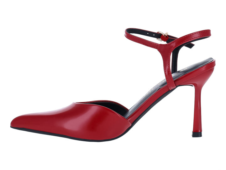 Zapato de tacón alto en color rojo charol brillante con correa ajustable al tobillo para mujer.