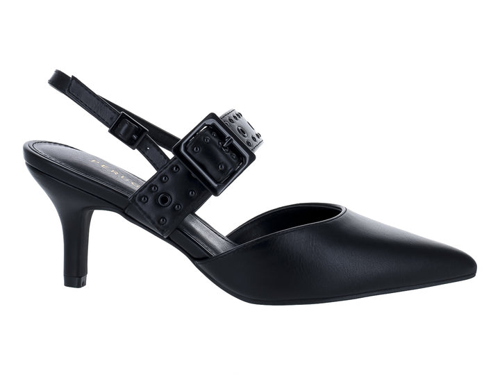 Zapato de tacón negro para Mujer con punta aguda, correa posterior y hebilla decorada con estoperoles.