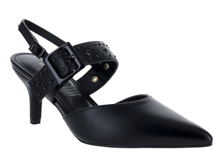 Zapato de tacón negro para Mujer con punta aguda, correa posterior y hebilla decorada con estoperoles.