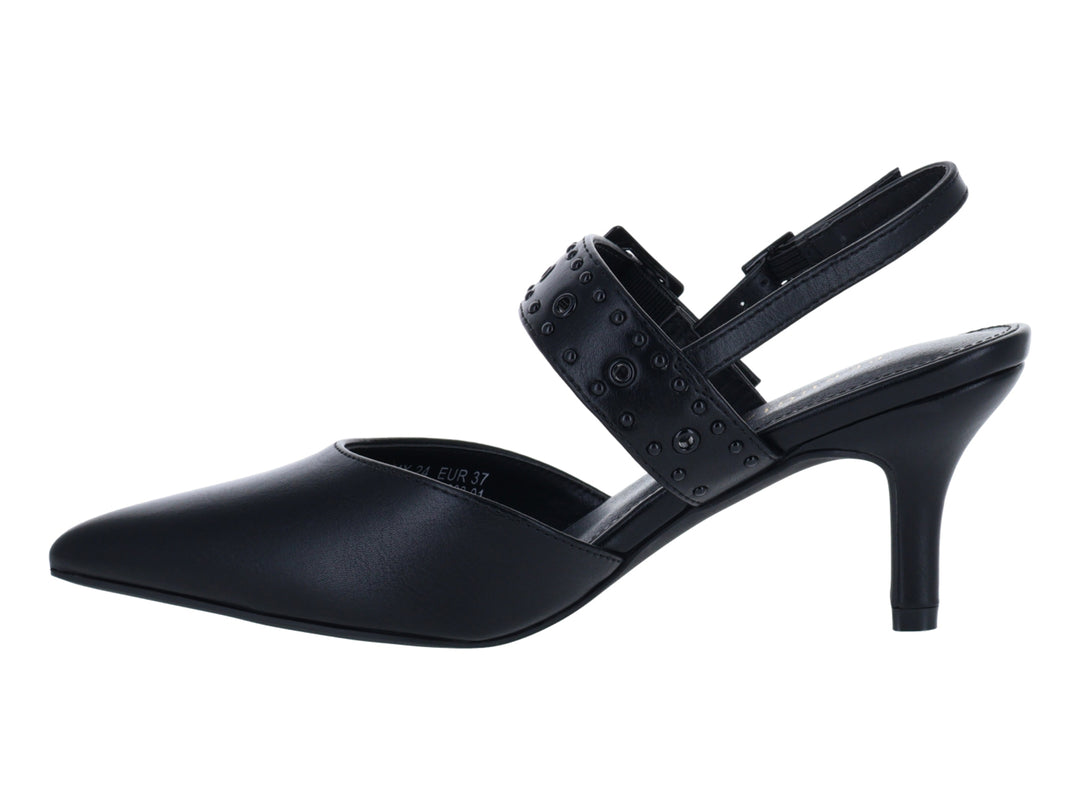 Zapato de tacón negro para Mujer con punta aguda, correa posterior y hebilla decorada con estoperoles.