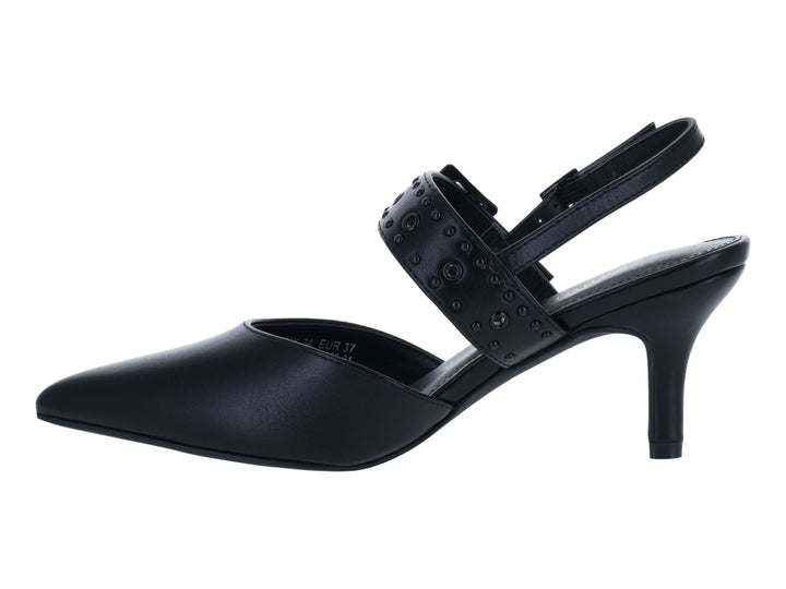 Zapato de tacón negro para Mujer con punta aguda, correa posterior y hebilla decorada con estoperoles.