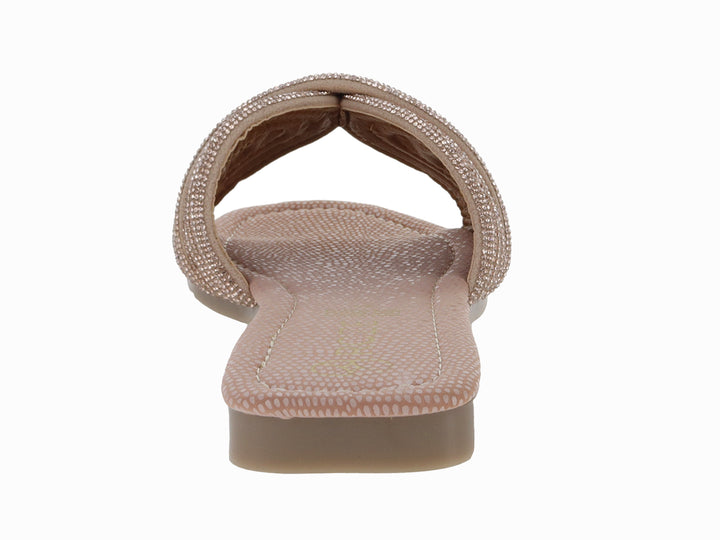 Sandalia plana para niña en color oro rosado con correa trenzada y acabado brillante.