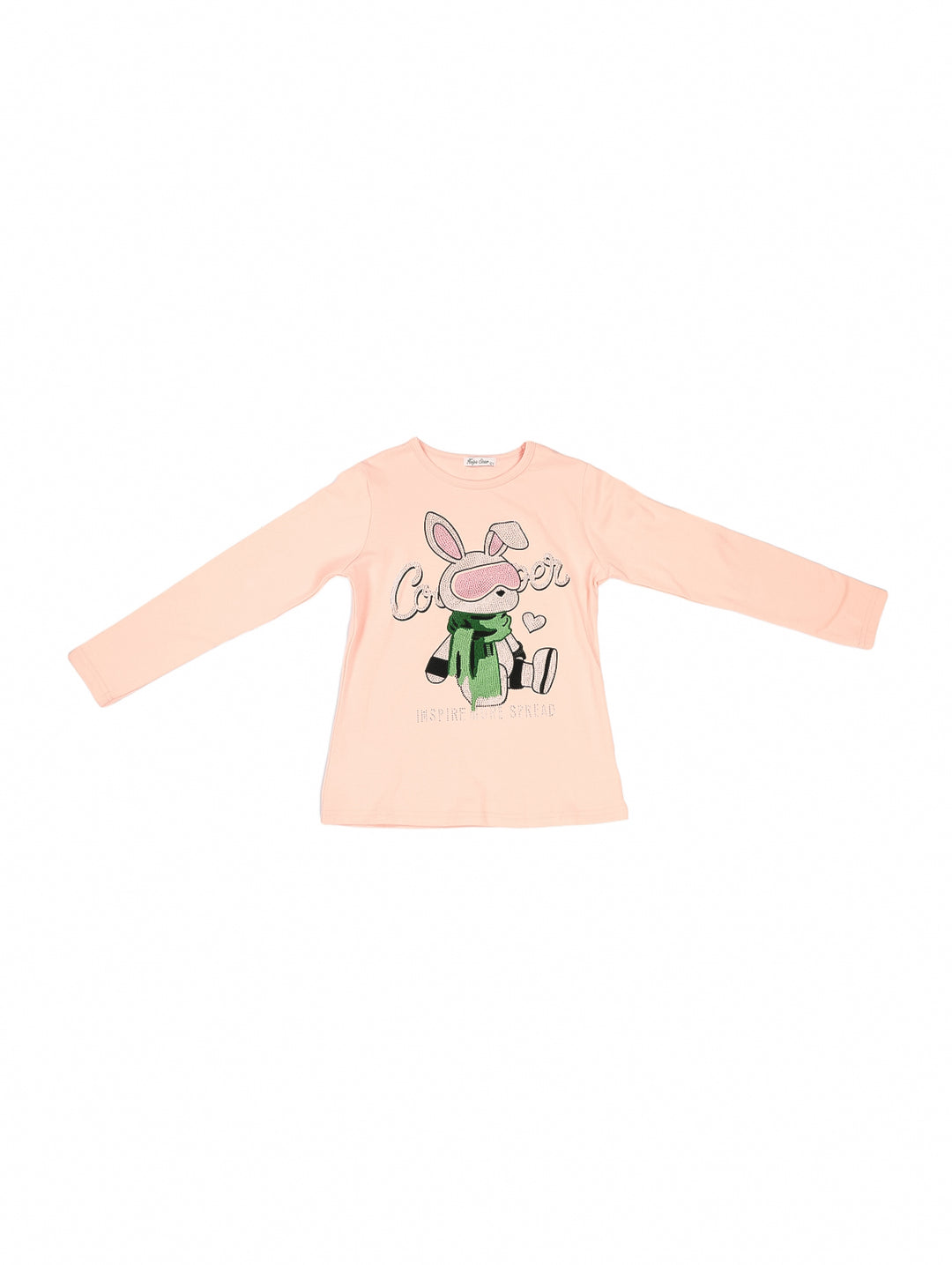 Camiseta rosa de manga larga para niña con estampado de conejo y bufanda verde.