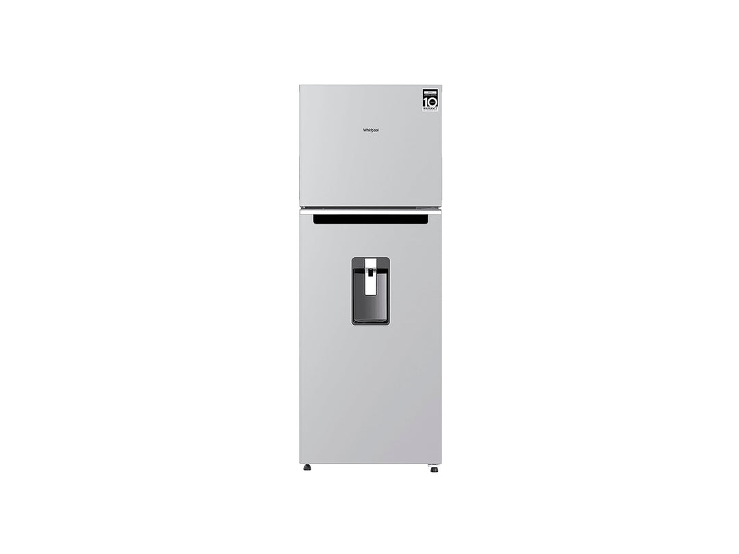 Refrigerador Whirlpool color gris con dispensador de agua frontal y congelador superior.