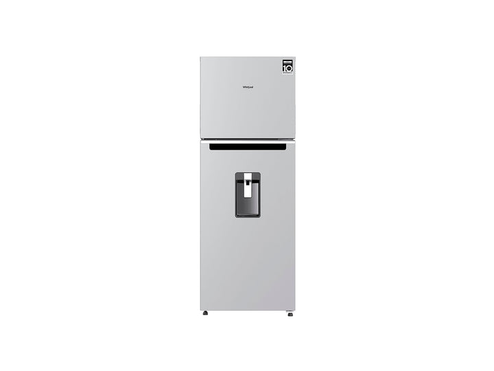 Refrigerador Whirlpool color gris con dispensador de agua frontal y congelador superior.