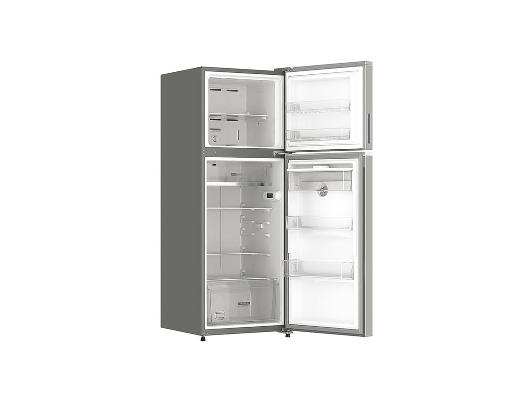 Refrigerador Whirlpool color gris con dispensador de agua frontal y congelador superior.