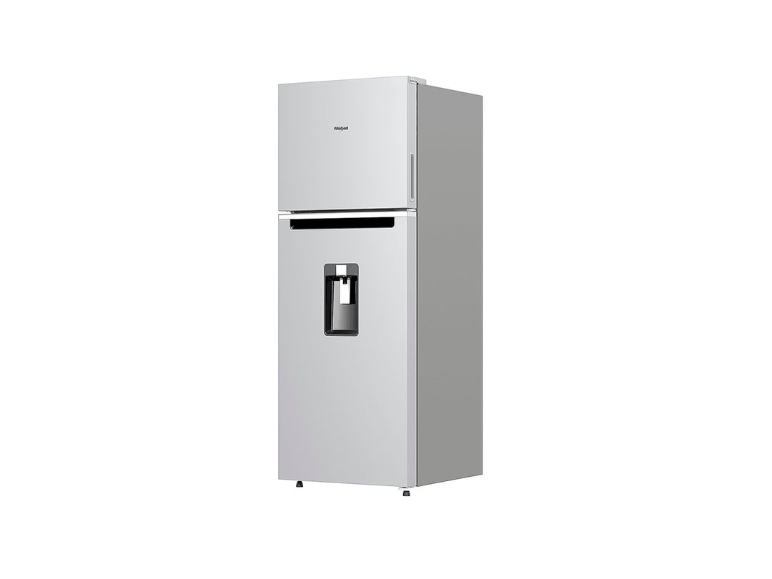 Refrigerador Whirlpool color gris con dispensador de agua frontal y congelador superior.