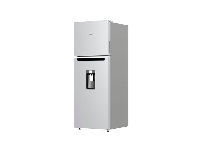 Refrigerador Whirlpool color gris con dispensador de agua frontal y congelador superior.