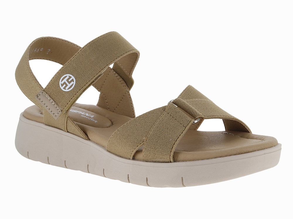 Sandalia Hispana color beige con plataforma, correas elásticas y cierre ajustable en el tobillo.
