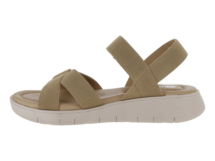 Sandalia Hispana color beige con plataforma, correas elásticas y cierre ajustable en el tobillo.