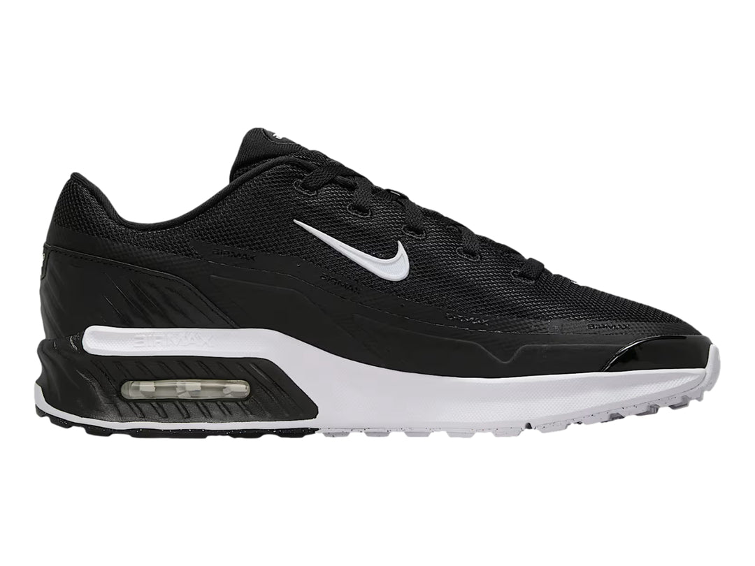 Tenis deportivos Nike Air Max en color negro con suela blanca y logotipo lateral blanco.