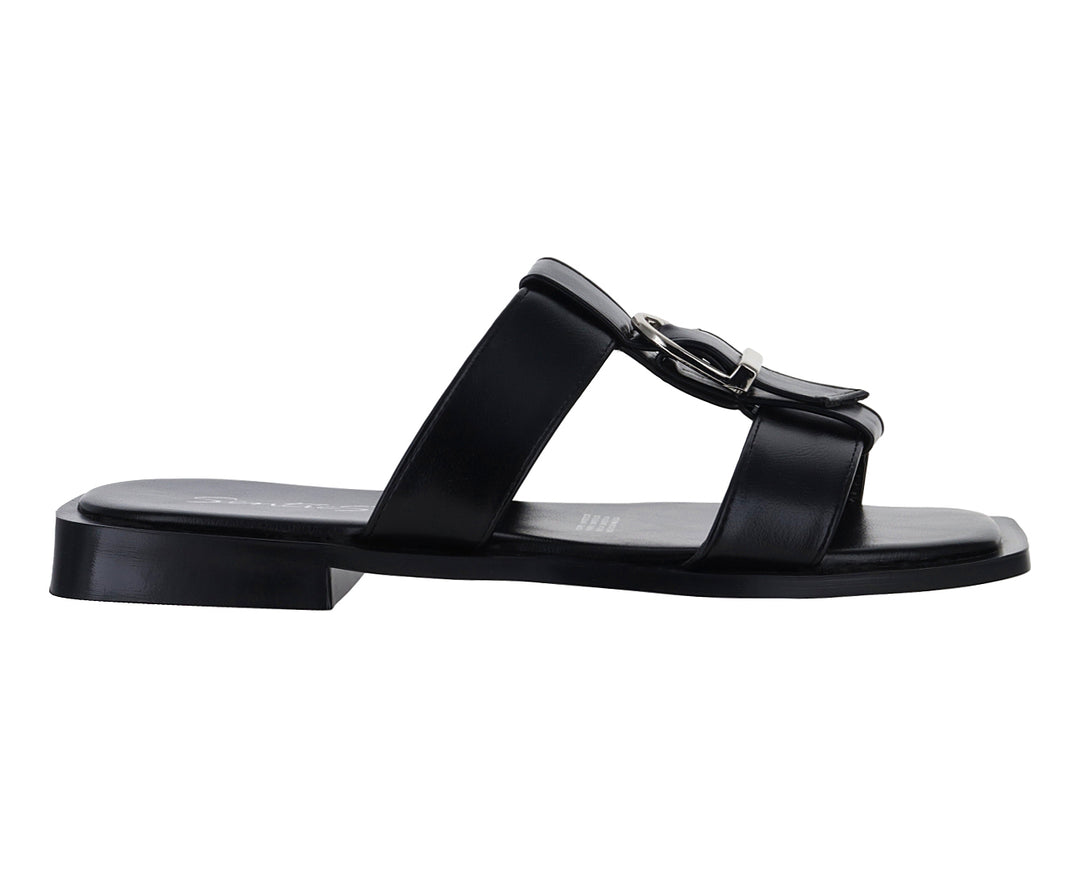 Sandalias negras para mujer de la marca Senties con diseño plano y hebilla metálica.