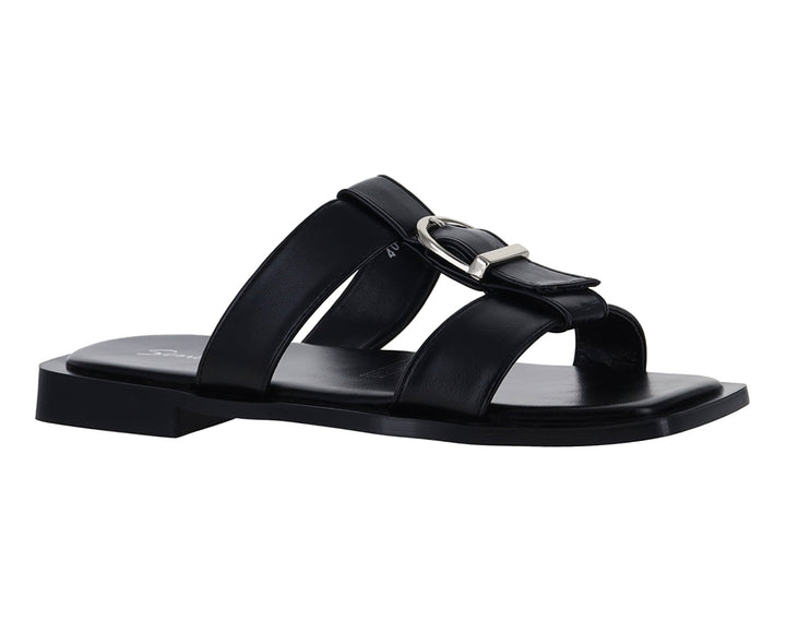 Sandalias negras para mujer de la marca Senties con diseño plano y hebilla metálica.