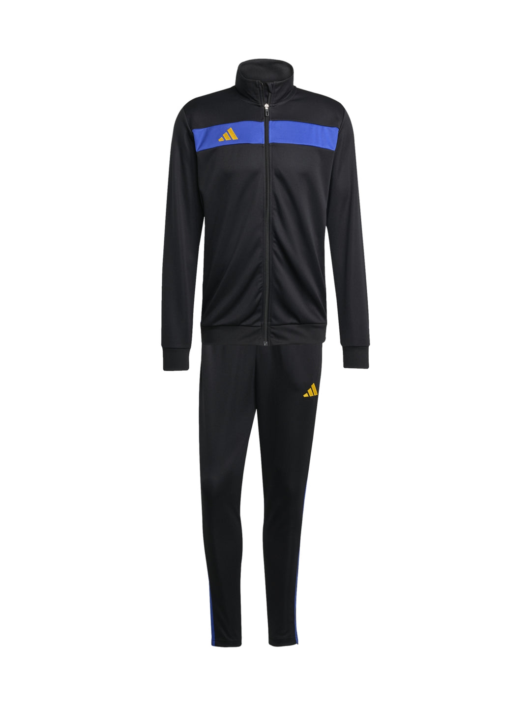Conjunto deportivo Adidas color negro con franja azul en el pecho y pantalones a juego.