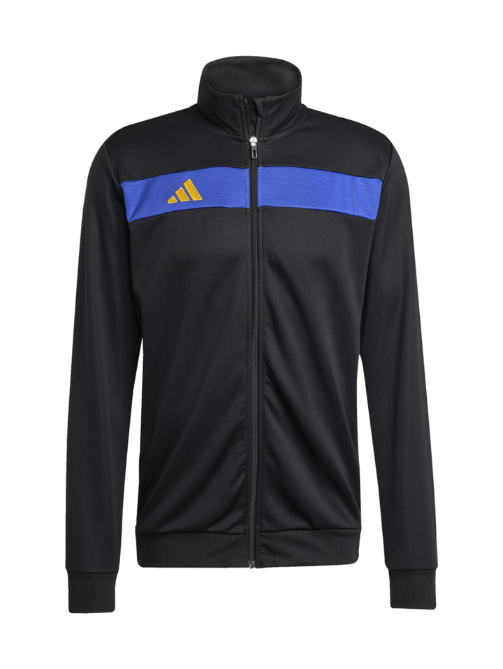 Conjunto deportivo Adidas color negro con franja azul en el pecho y pantalones a juego.