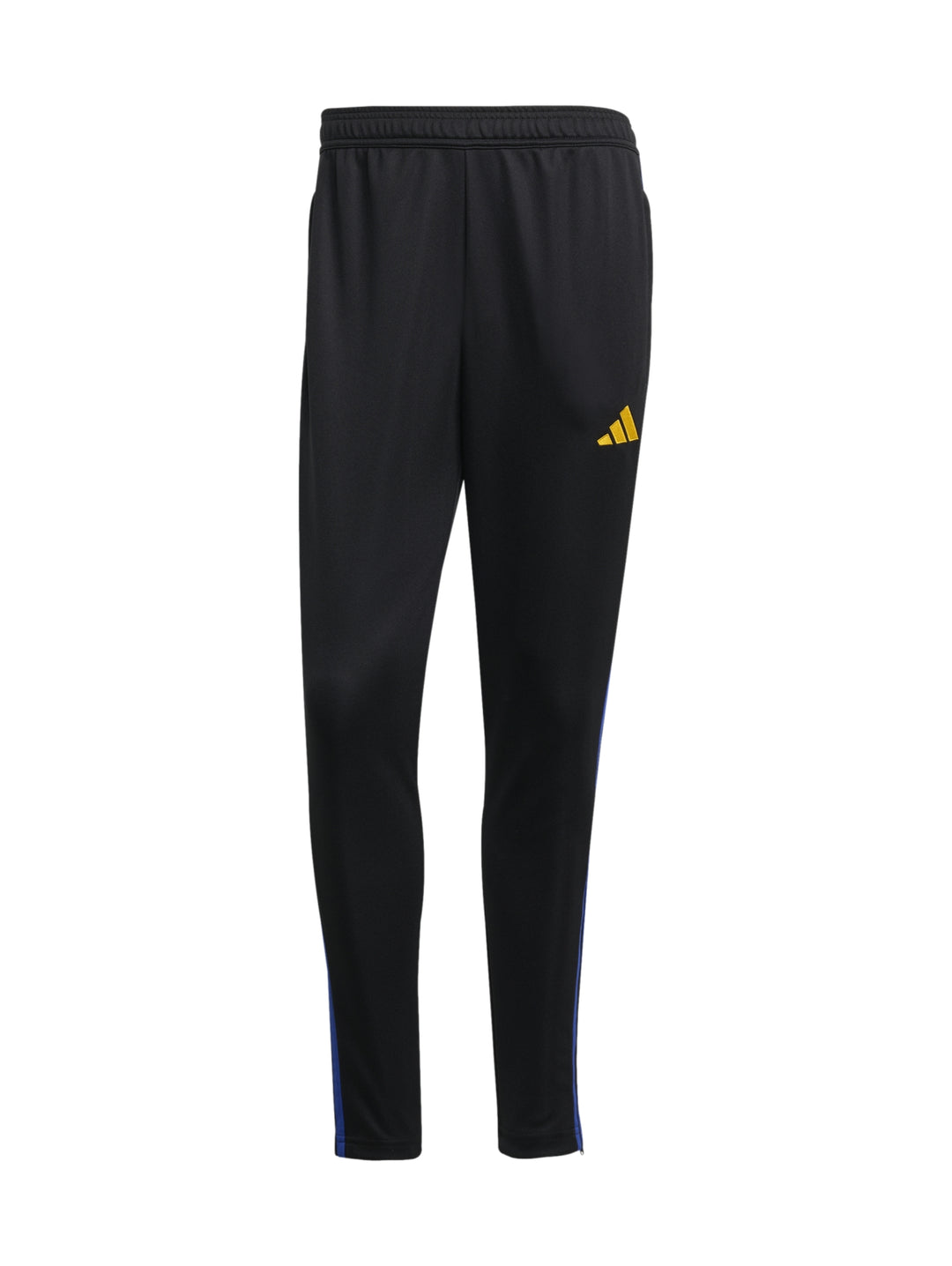 Conjunto deportivo Adidas color negro con franja azul en el pecho y pantalones a juego.