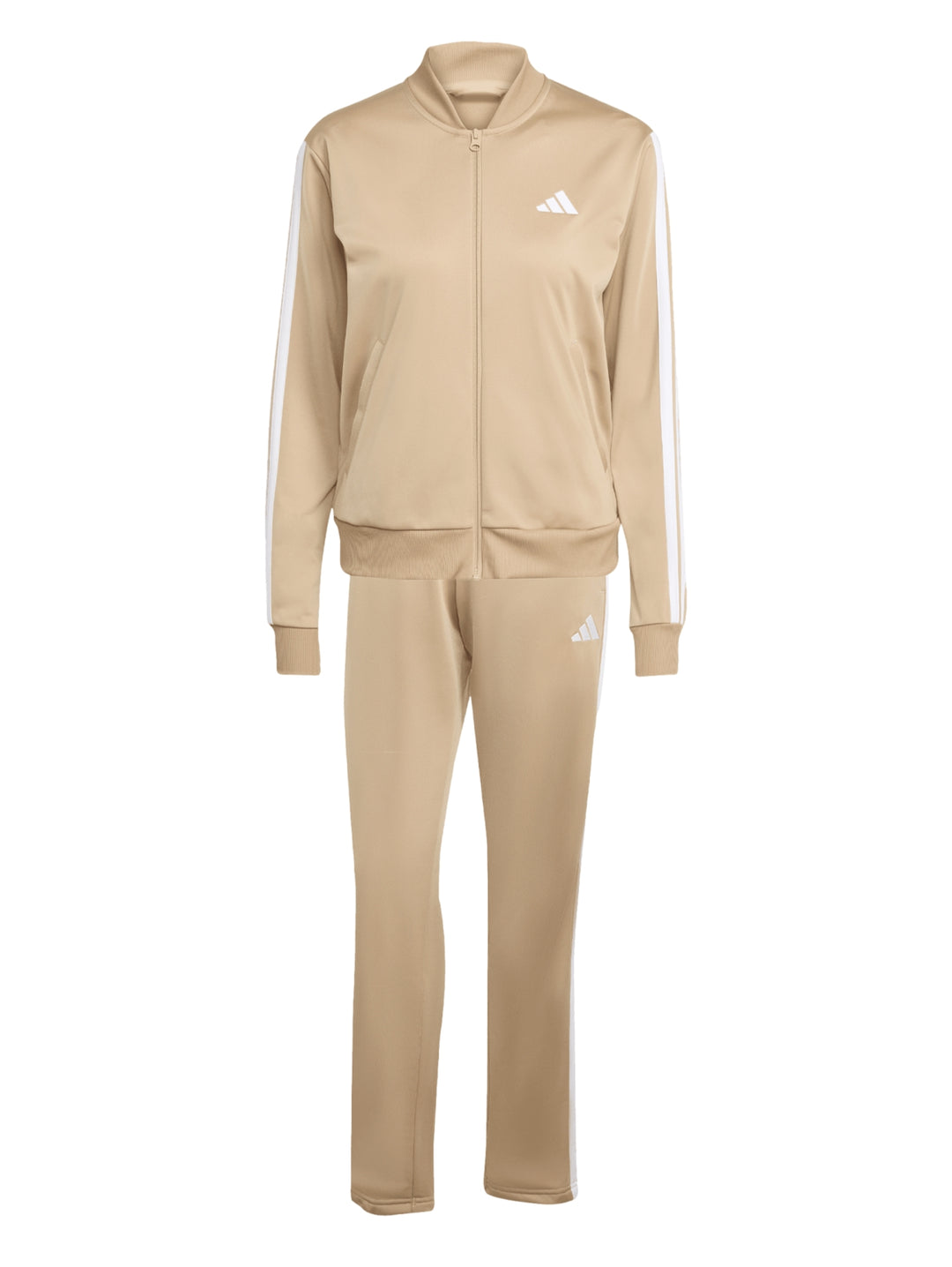 Conjunto deportivo Adidas Essentials color Warm Sandstone compuesto por chaqueta y pantalón con las tres franjas blancas.