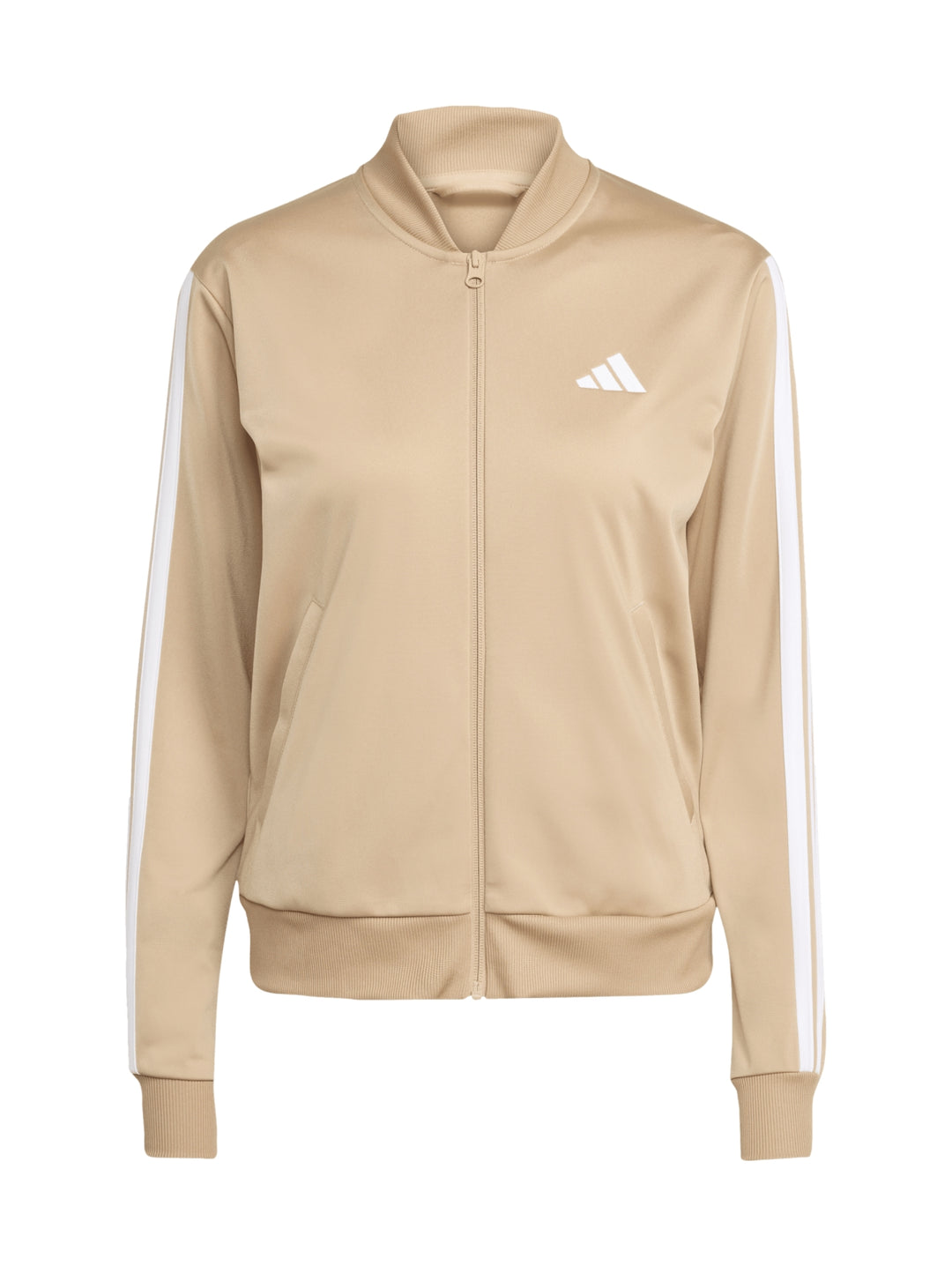 Conjunto deportivo Adidas Essentials color Warm Sandstone compuesto por chaqueta y pantalón con las tres franjas blancas.