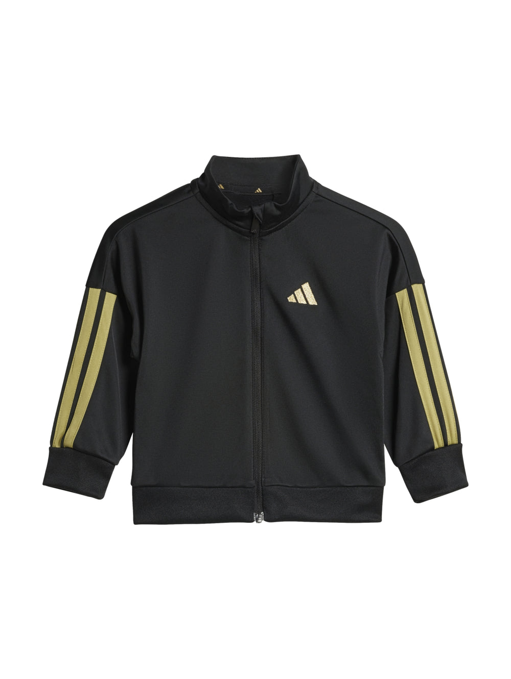 Conjunto deportivo Adidas para niños en color negro con franjas doradas laterales, incluye chaqueta y pantalón.