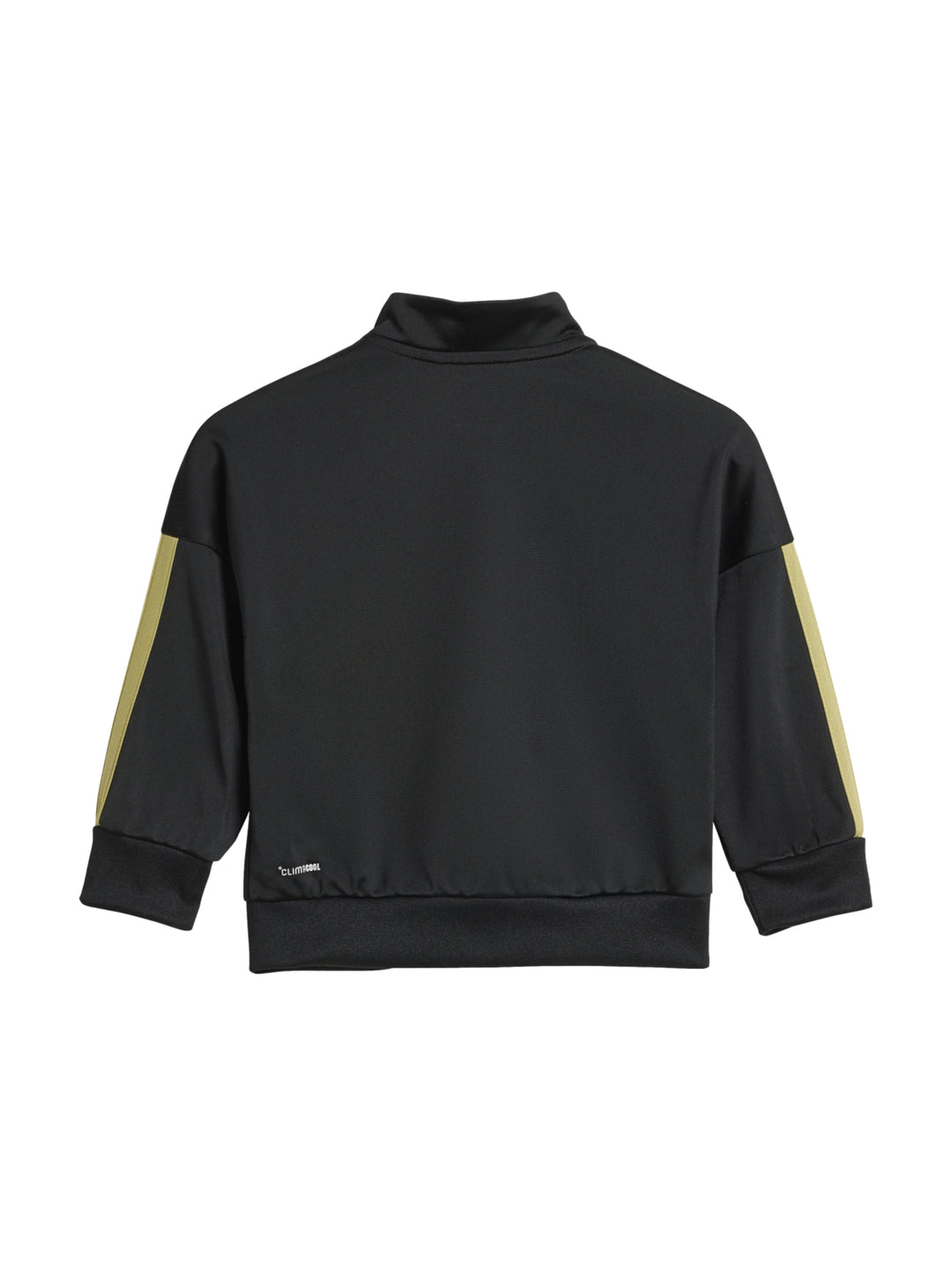 Conjunto deportivo Adidas para niños en color negro con franjas doradas laterales, incluye chaqueta y pantalón.