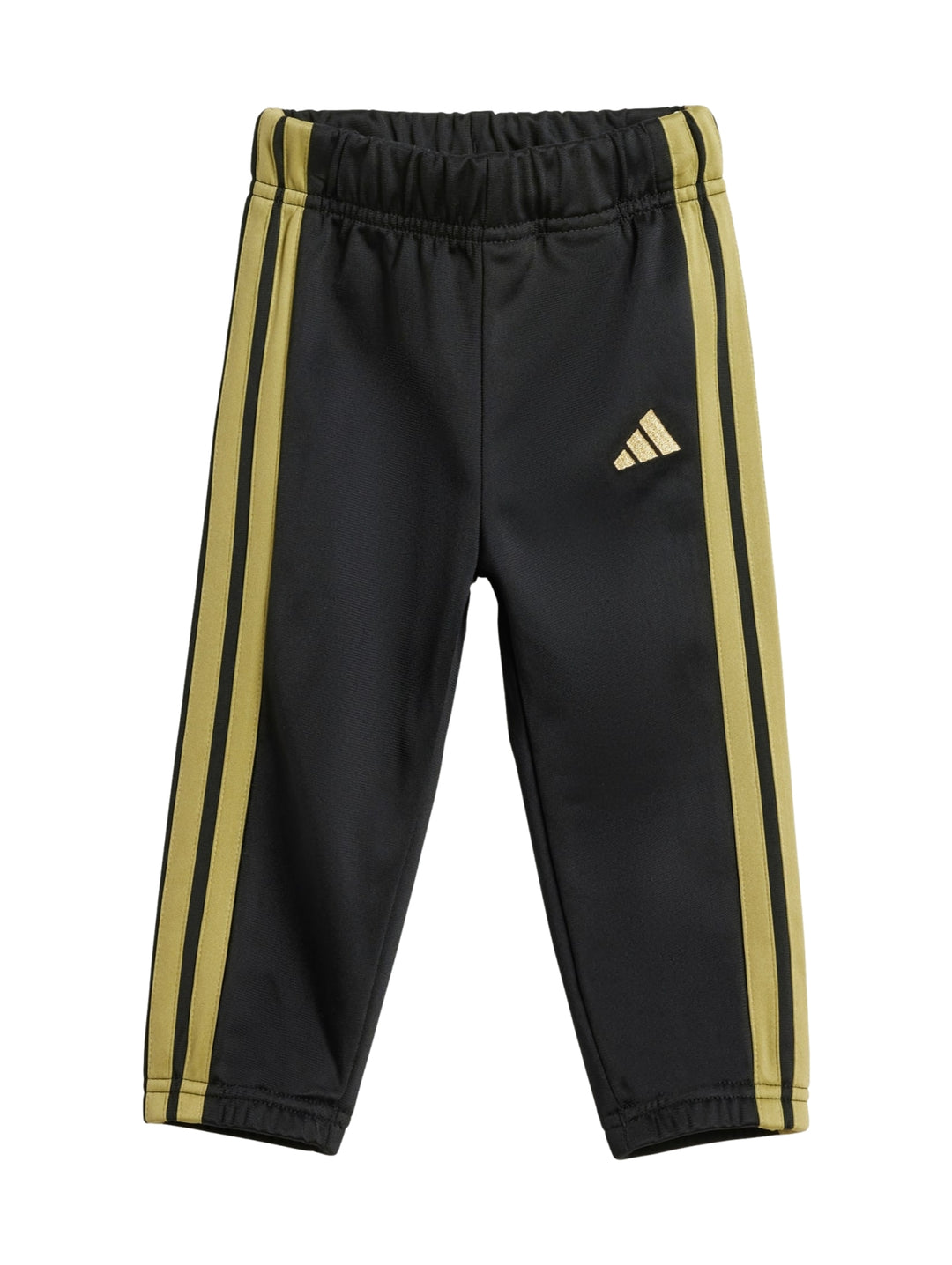 Conjunto deportivo Adidas para niños en color negro con franjas doradas laterales, incluye chaqueta y pantalón.