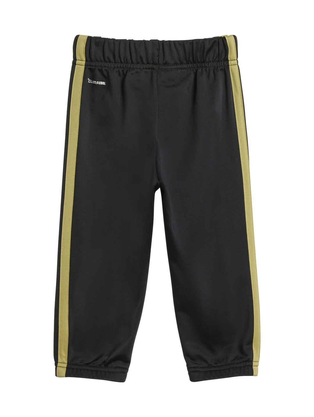 Conjunto deportivo Adidas para niños en color negro con franjas doradas laterales, incluye chaqueta y pantalón.
