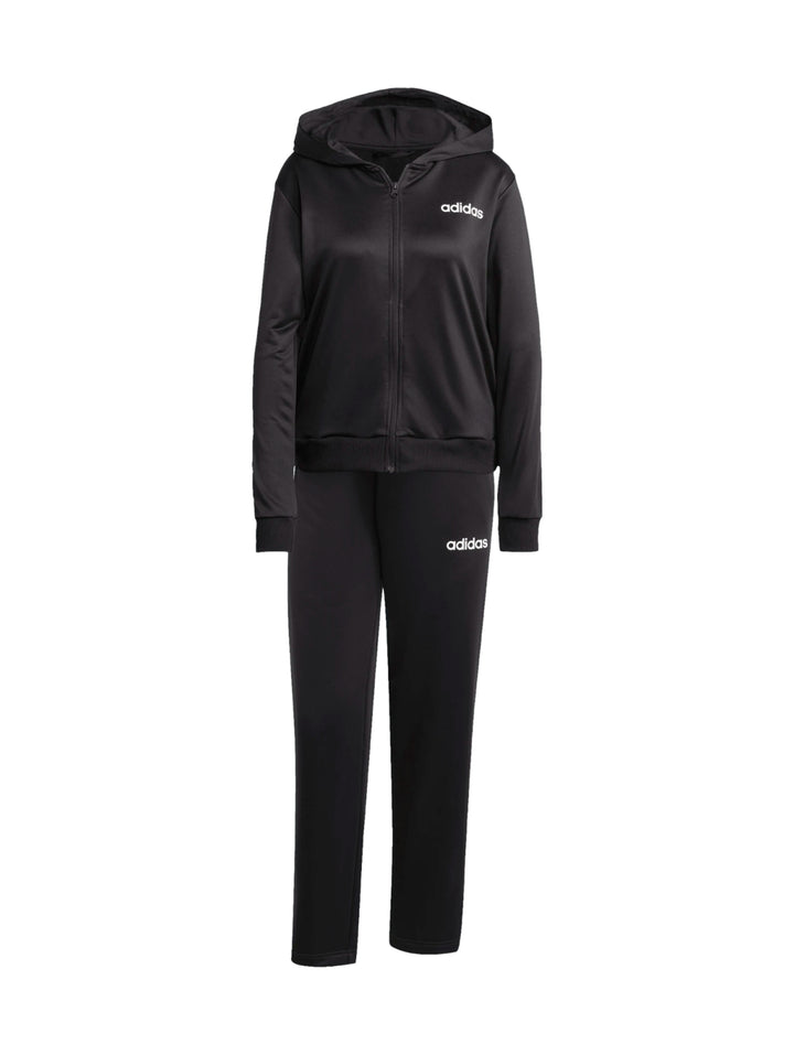 Conjunto deportivo Adidas color negro compuesto por chaqueta con capucha y pantalones para mujer.