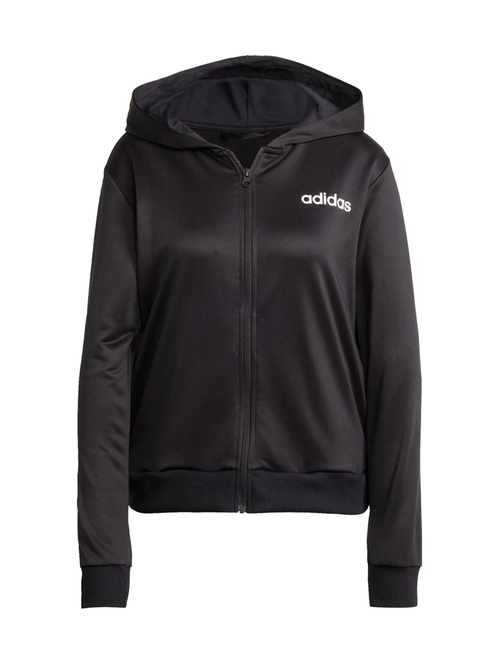 Conjunto deportivo Adidas color negro compuesto por chaqueta con capucha y pantalones para mujer.
