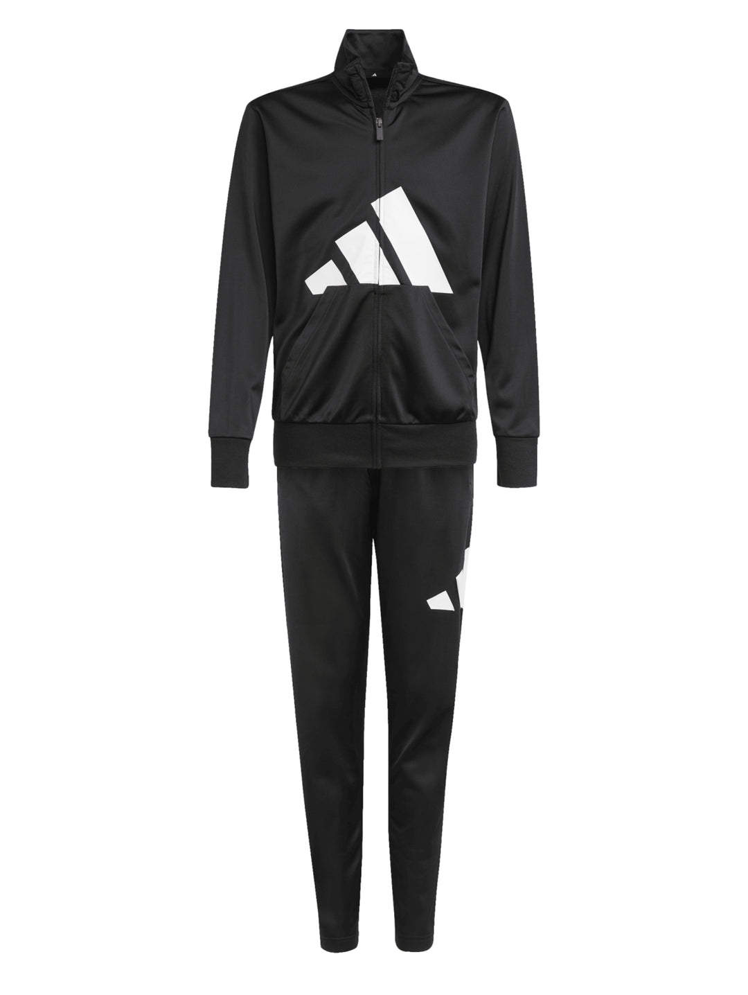 Conjunto deportivo Adidas para niños en color negro con detalles blancos, incluye chaqueta y pantalón.