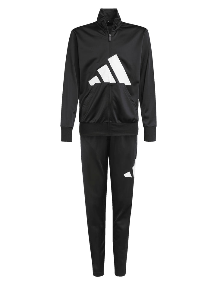 Conjunto deportivo Adidas para niños en color negro con detalles blancos, incluye chaqueta y pantalón.