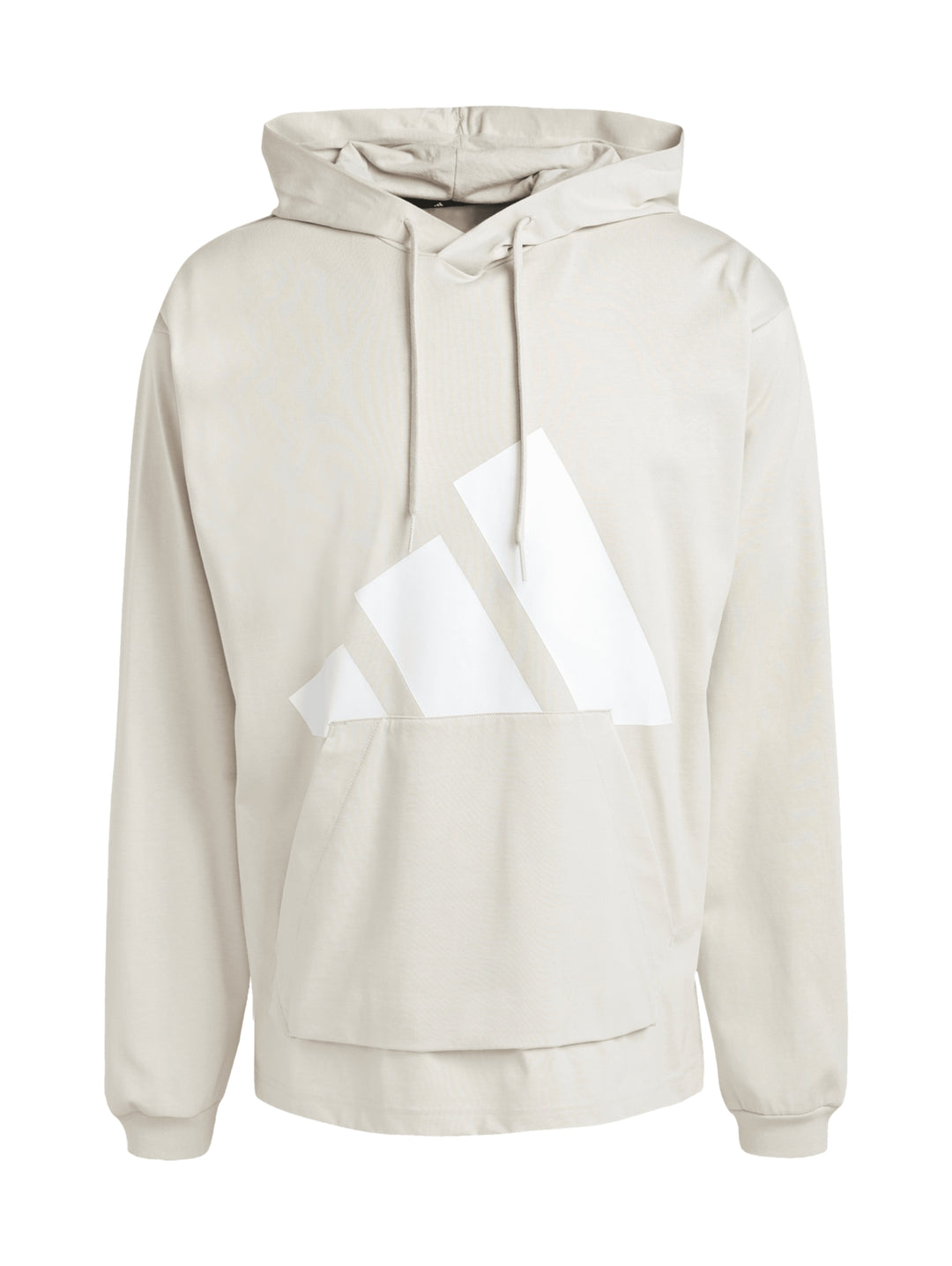 Sudadera Adidas color beige con capucha y detalle gráfico blanco en el pecho.