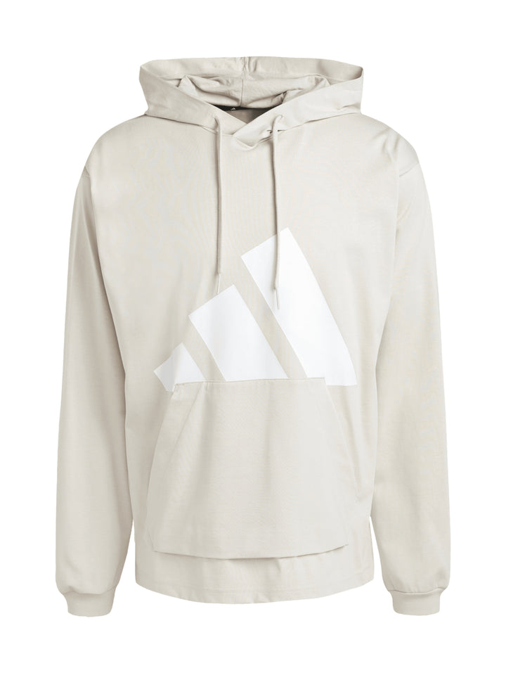 Sudadera Adidas color beige con capucha y detalle gráfico blanco en el pecho.
