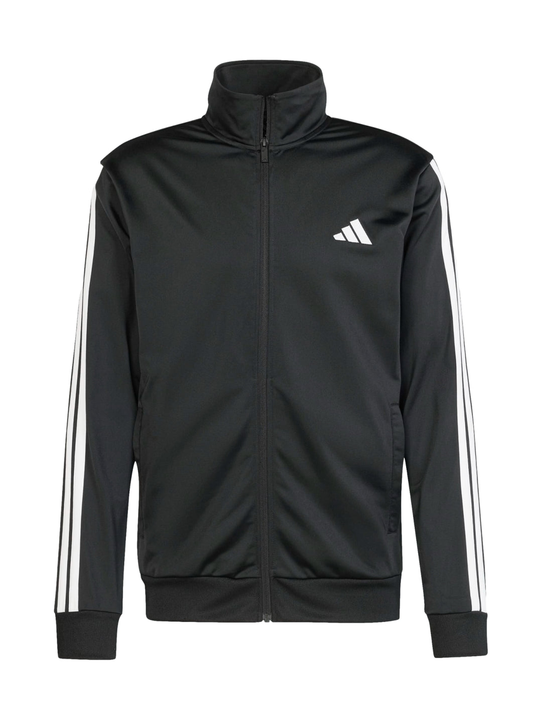 Conjunto deportivo Adidas negro compuesto por chaqueta y pantalón con tres franjas blancas laterales.