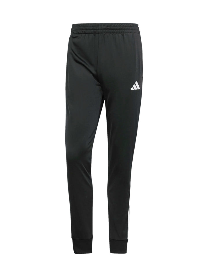 Conjunto deportivo Adidas negro compuesto por chaqueta y pantalón con tres franjas blancas laterales.