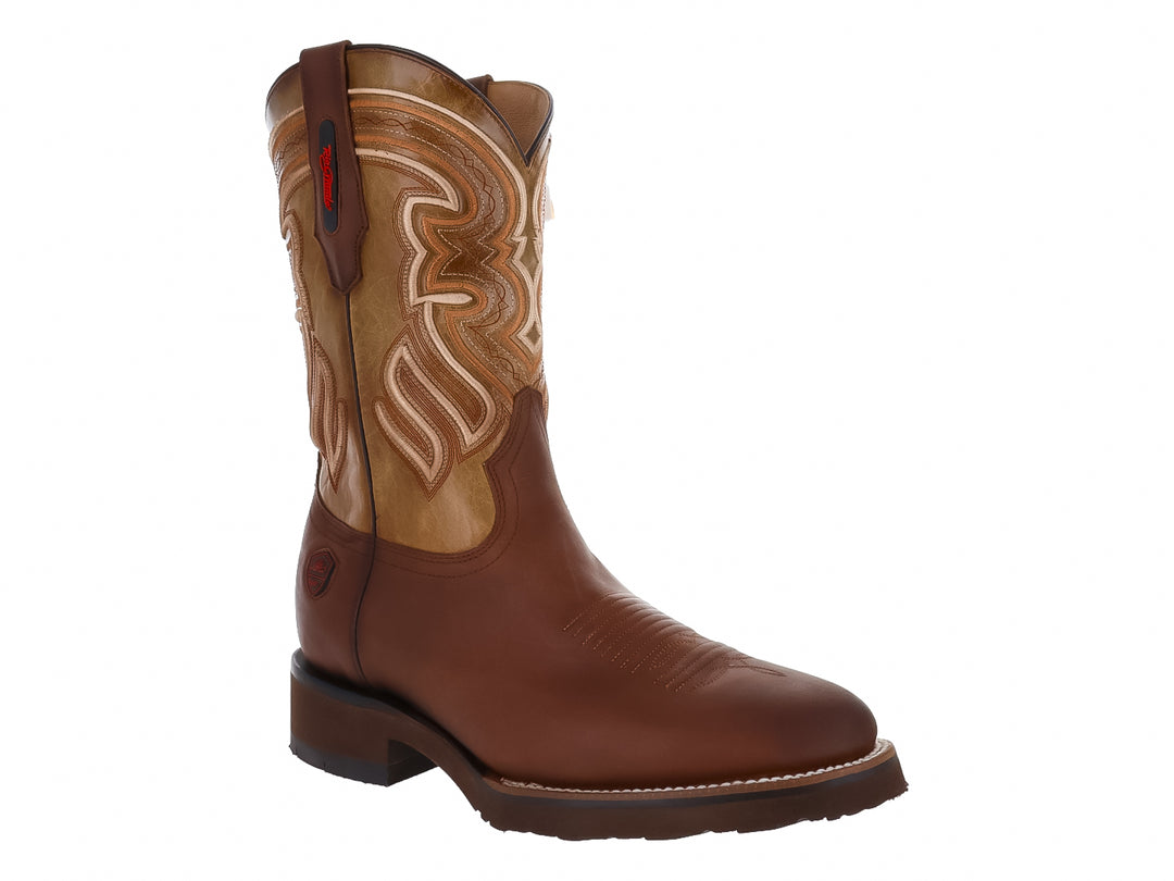 Bota vaquera Rio Grande en color café y beige con detalles bordados en la caña.